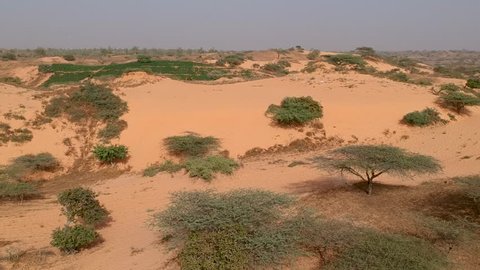 Drone shot of and dunes in Senegal with small oasos