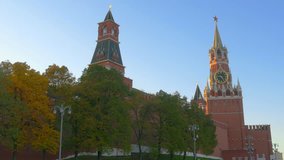 Panorama of the Kremlin, the Red Square and Saint Basil Cathedral in autumn, Moscow, Russia 4K UHD video