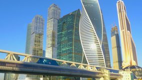 Skyscrapers and the bridge of the Moscow business center on a sunny morning. Moscow City. 4K UHD video