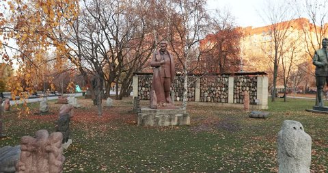 RUSSIA, MOSCOW - November 04, 2018: Monument to the Victims of Stalinist repression of the sculptor Yevgeny Chubarov and a monument to Stalin. In November 2018 in Moscow Russian Federation