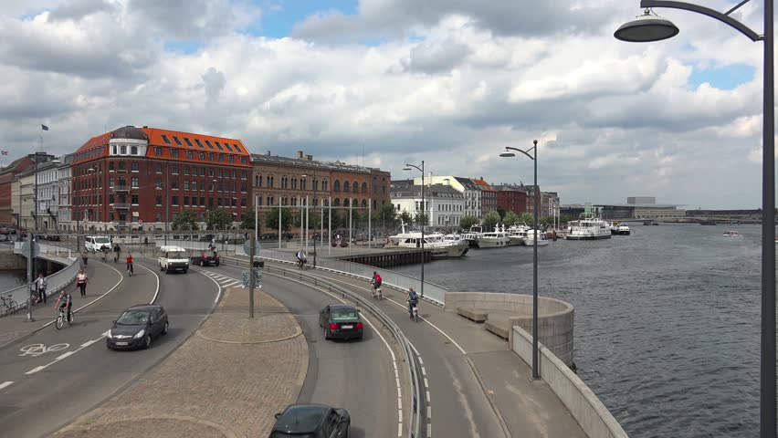 Quay in the center of Copenhagen. Old city. Denmark.Shot in 4K (ultra-high definition (UHD)).