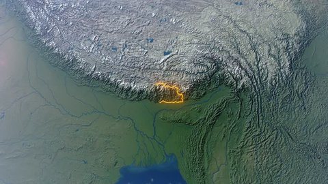 Realistic 3d animated earth showing the borders of the country Bhutan and the capital Thimphu in 4K resolution