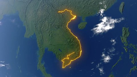 Realistic 3d animated earth showing the borders of the country Vietnam and the capital Hanoi in 4K resolution