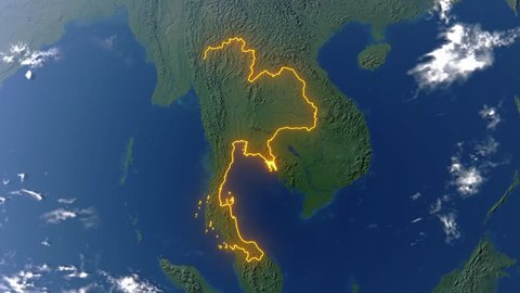 Realistic 3d animated earth showing the borders of the country Thailand and the capital Bangkok in 4K resolution