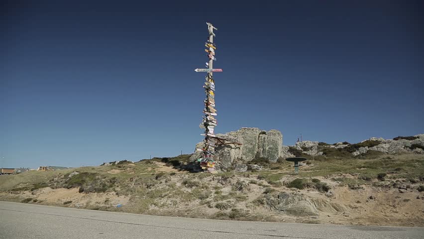 Totem Pole with Distances to World Destinations, Erected by British Troops after Falklands Conflict, near Stanley, Falkland Islands (Islas Malvinas). 