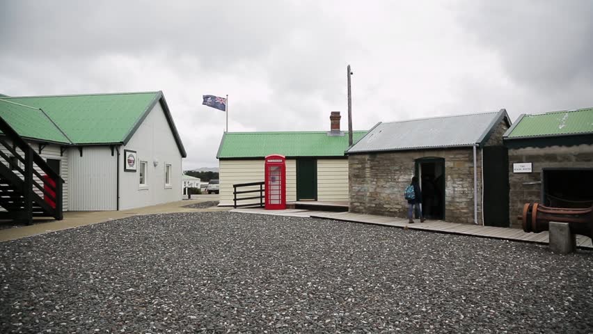 Port Stanley - Falklands Islands - May 20, 2015: Dockyard Museum Scene With British Red Telephone Box and Falkland Islands Flag, Puerto Argentino, Islas Malvinas