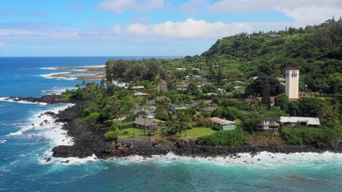 Aerial View Panning Around Oahu Coastal Village & Shore