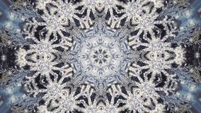 Abstract kaleidoscope motion background. Sequence multicolored graphics ornaments patterns. Blue white, Christmas New Year lace motifs sequins, falling snow. Seamless loop. Looping structure backdrop