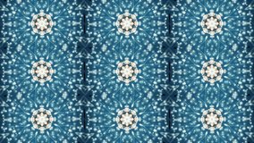 Abstract kaleidoscope motion background. Sequence multicolored graphics ornaments patterns. Blue white, Christmas New Year lace motifs sequins, falling snow. Seamless loop. Looping structure backdrop