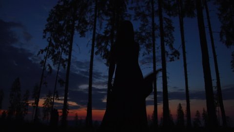 Woman in a forest, at dusk.