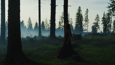 Woman in a long dress walking in a forest.