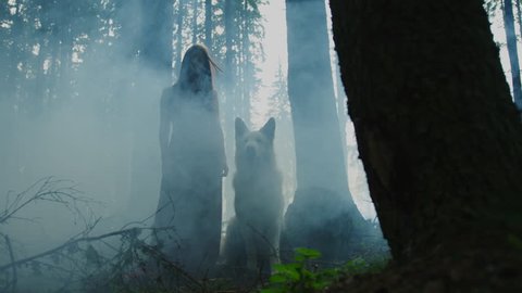 Girl and dog in a misty forest.