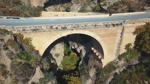 Aerial view of two old bridges from different periods. The older one from the spanish reconquest. XV Century.