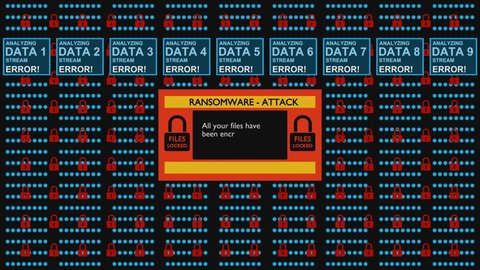 A binary data flow stops, followed by lock symbols and text messages related to a ransomware attack. Illustrative abstract motion graphic.