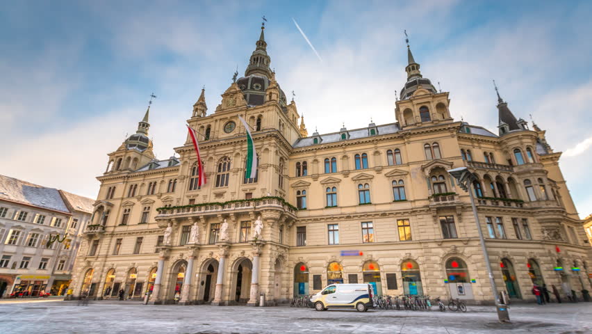 Town hall in graz city austria hyperlapse timelapse video in 4k. Graz city centre square.