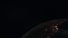Loopable: Earth Globe. Simulated orbital space flight over the surface of the night planet Earth with the twinkling city lights and moving clouds.