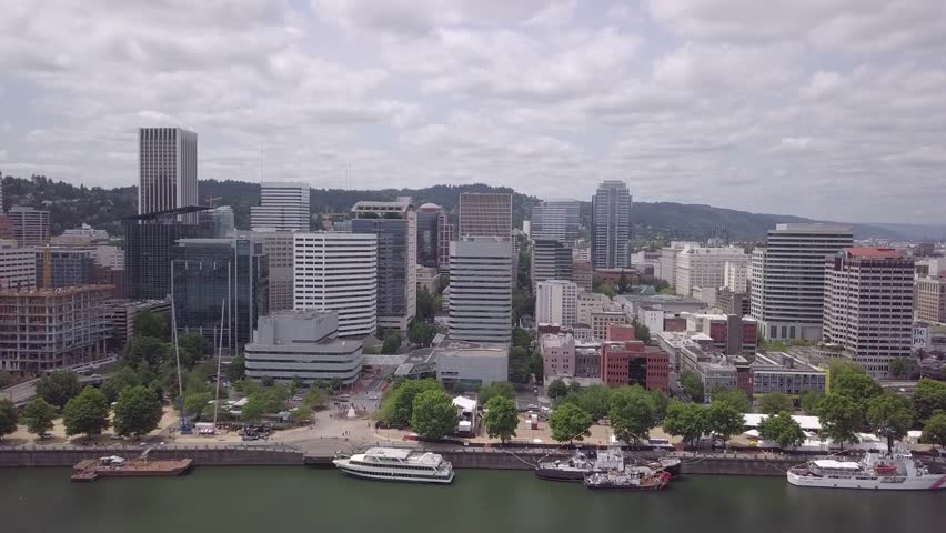 Portland waterfront park south of morrison bridge. view of downtown. Aerial shot.