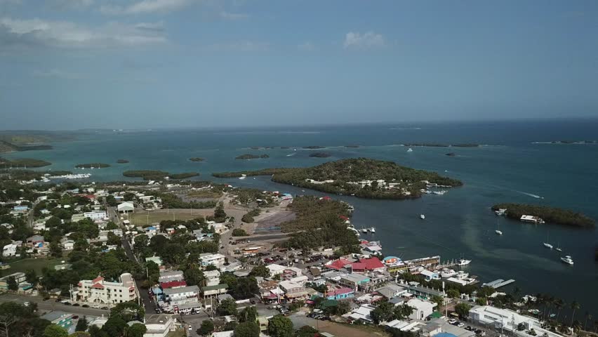 AERIAL: sideways angled flight down the shoreline finishing with a tilt down over a small dock with boats.