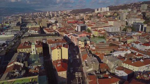 View from the drone on the tiled roofs of the old town Rijeka in Croatia.