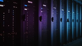 Moving Data Shot of Dark Data Center With Multiple Rows of Fully Operational Server Racks. Modern Telecommunications, Cloud Computing, Artificial Intelligence, Database, Supercomputer. Neon Light - Powered by Shutterstock - Get 15% off with code: PIKWIZARD15