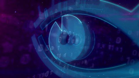 Cyber spy and surveillance in internet. Spying and tracking privacy in cyberspace with eye symbol on digital background 3D animation.