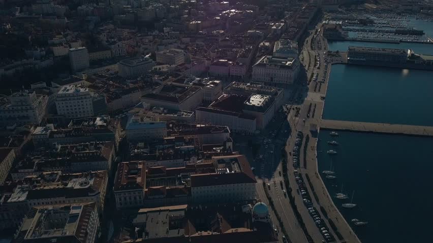 The old city of Trieste in Italy. View from the drone on the center of the old town and the marina.