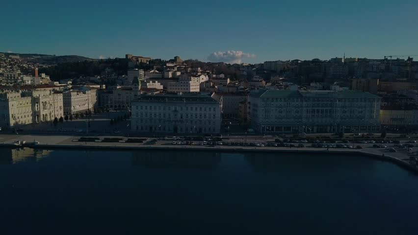The old city of Trieste in Italy. View from the drone on the center of the old town and the marina.