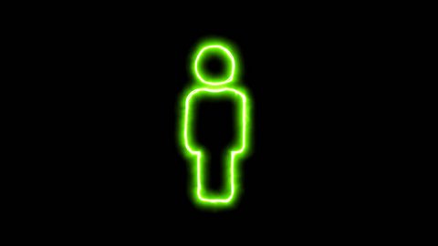 The appearance of the green neon symbol male. Flicker, In - Out. Alpha channel Premultiplied - Matted with color black