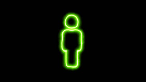 The appearance of the green neon symbol male. Flicker, In - Out. Alpha channel Premultiplied - Matted with color black