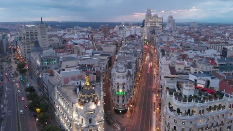 Madrid, Madrid / Spain - 06 13 2018: Aerial view,Gran Vía classical crossing