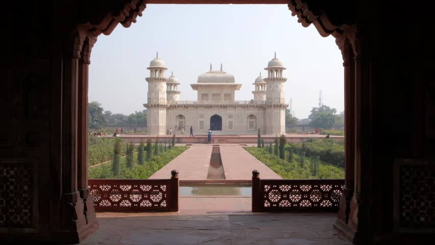 Front straight elevation facade view of the magnificent Tomb of Itimad ud Daulah ka Maqbara, a Mughal mausoleum in Agra or known as "jewel box" or "baby taj"