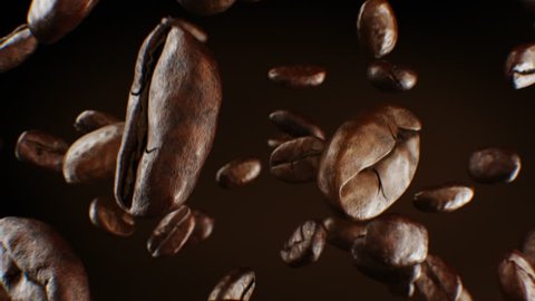 Beautiful Roasted Coffee Beans Falling Down Close-up in Slow Motion Seamless CG on Brown Background. Looped 3d Animation with DOF Blur. 4k Ultra HD 3840x2160.