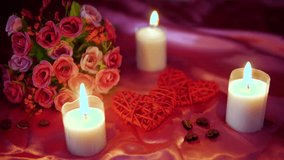 Dating Valentine day with decoration flower and candle burning footage