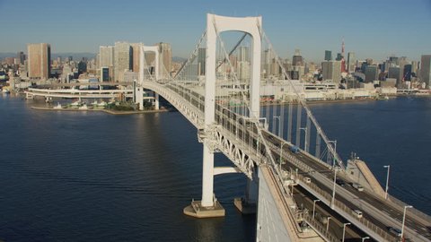 Tokyo, Japan circa-2018. Aerial view of Rainbow Bridge in Tokyo, Japan. Shot from helicopter with RED camera.
