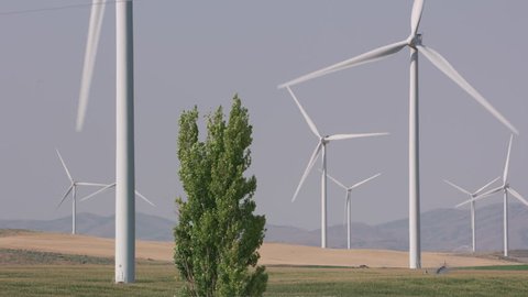 Energy producing wind turbines in rural area, Wyoming