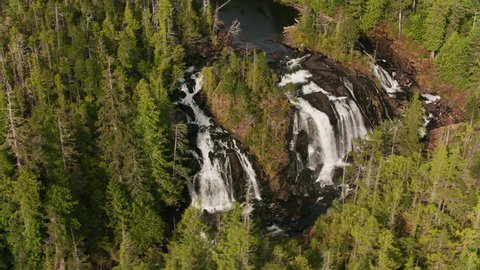 British Columbia circa-2018. Aerial shot of waterfalls. 