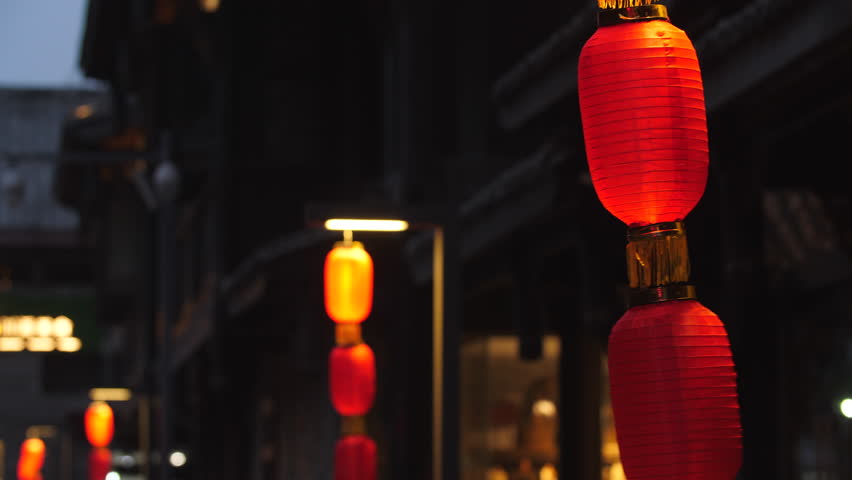 Red lanterns in street Chengdu city of Sichuan China, Chinese New Year decorations, Chinese Asia culture footages