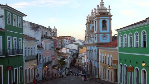 Salvador da Bahia, Brazil - December 22, 2018: Aerial view of the historical district of Pelourinho showing colourful colonial buildings at twilight.