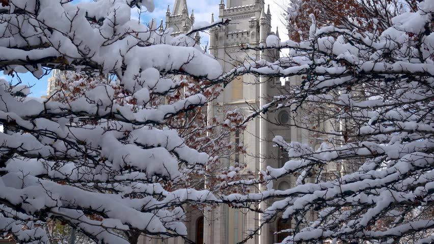 Mormon Temple in Salt Lake City, Utah during winter just after a heavy snowfall - panning up