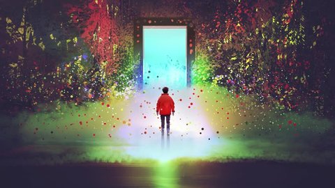 motion painting of fantasy scenery showing the boy standing in front of the magic gate with glowing light in dark forest, illustration