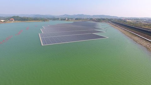 aerial view of Floating solar panels or solar cell Platform on the lake