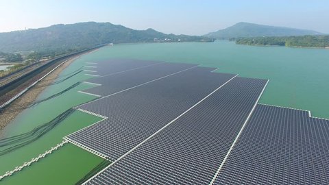 aerial view of Floating solar panels or solar cell Platform on the lake