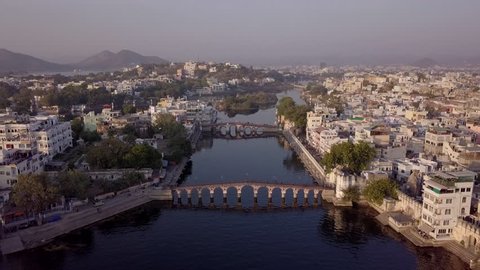 Aerial view 4k video by drone of Lake Pichola And City, Udaipur, Rajasthan, India