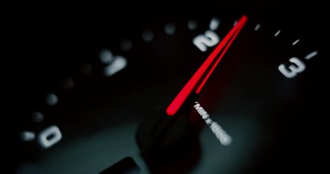 Close up of speedometer scoring high speed of anonymous prestigious luxury modern car. Shot in 8K. Concept of passion for driving cars and engines, car race, sport cars,luxury cars, auto dial