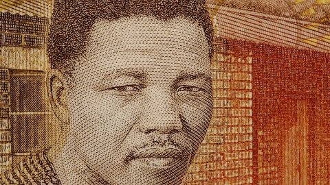 Young Nelson Mandela on South Africa 20 rand note slow rotating. Stock video footage