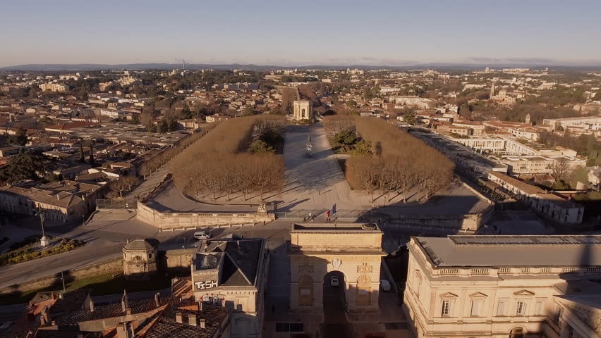 Park du Peyrou during winter aerial drone morning flight. Montpellier