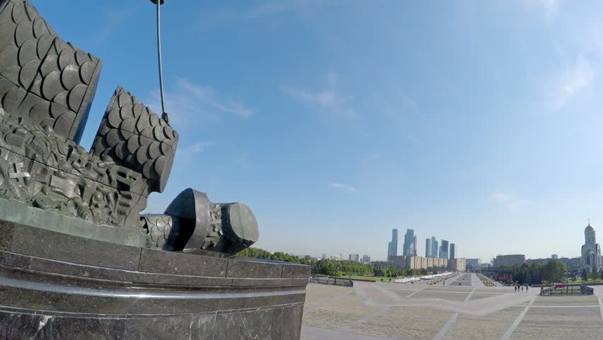 Tourist pov of park of Victory in Moscow. Victory Park and Poklonnaya Hill - a memorial complex of the Great Patriotic War of 1941-1945. west of Moscow