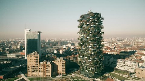 MILAN, ITALY - JANUARY 5, 2019. Aerial view of Bosco Verticale or Vertical Forest residential towers in the Porta Nuova district