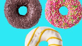 Donuts colorful animation on blue background. Doughnuts rotating seamless loop.