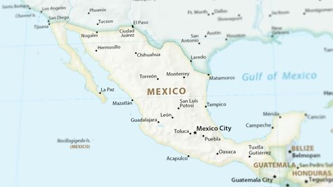 Mexico on a political map of the world. Video defocuses showing and hiding the map (4K UHD).